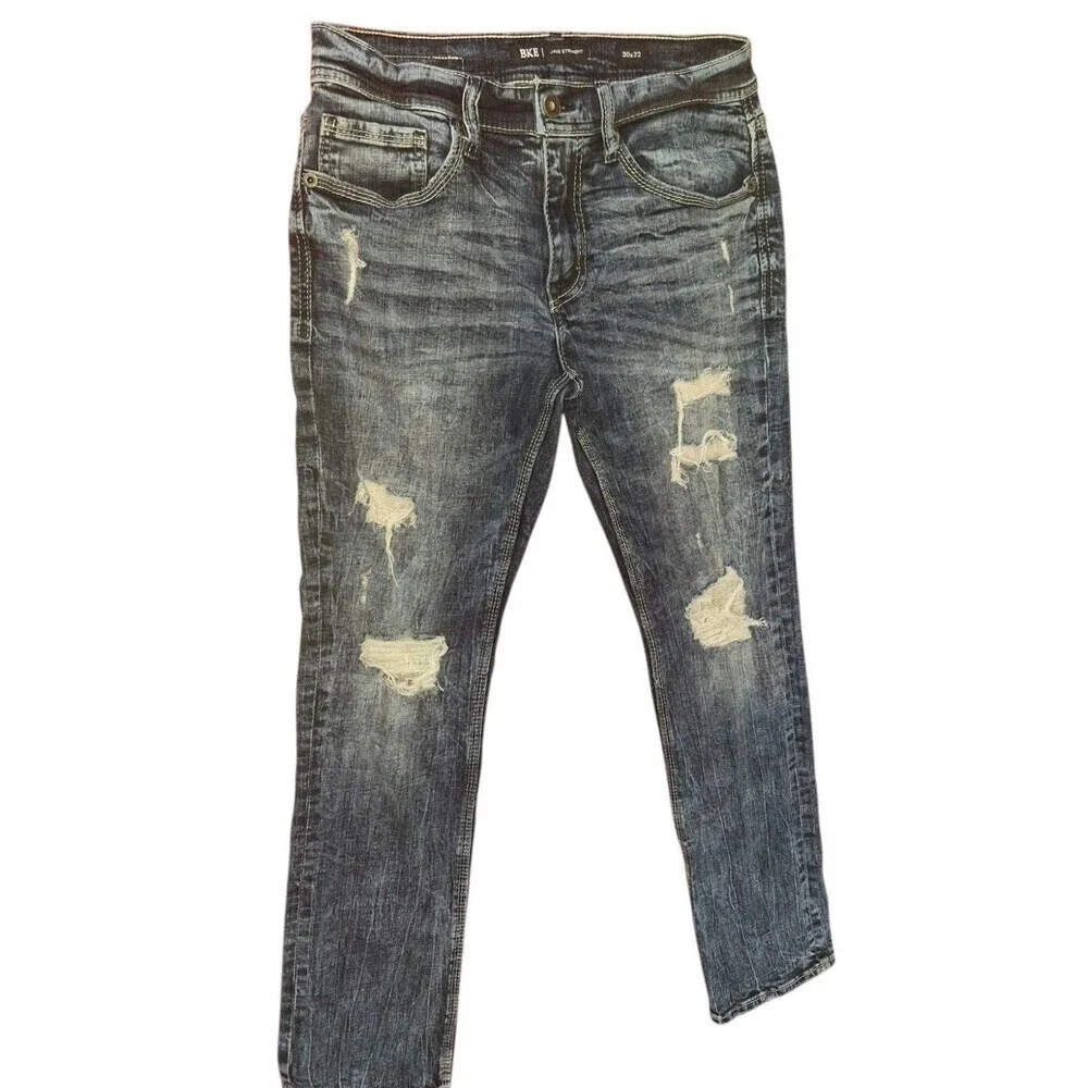 BKE Buckle Men's  Jeans Jake‎ Straight Whiskered Distressed Dark Wash Size 30x32